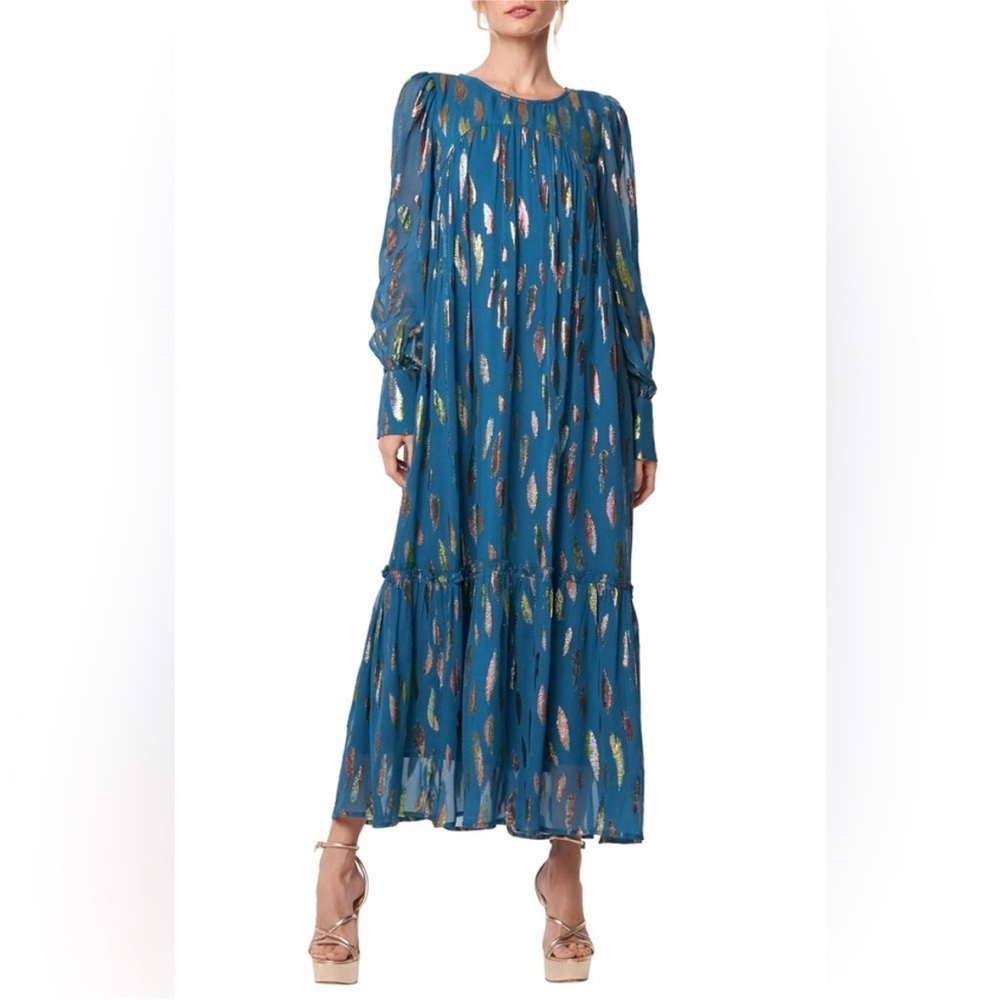 Ciebon Metallic Leaf Belted Teal Long Sleeve Maxi Dress sz S